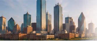The downtown Dallas skyline at sunrise